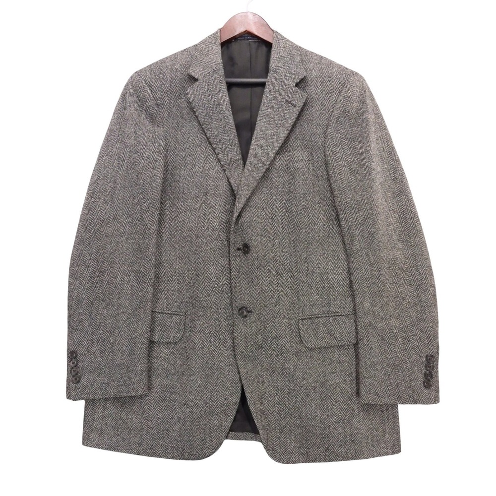 Lands End Mens 40 Reg Gray Herringbone 100% Wool 2 Button Blazer‎ Sport Coat